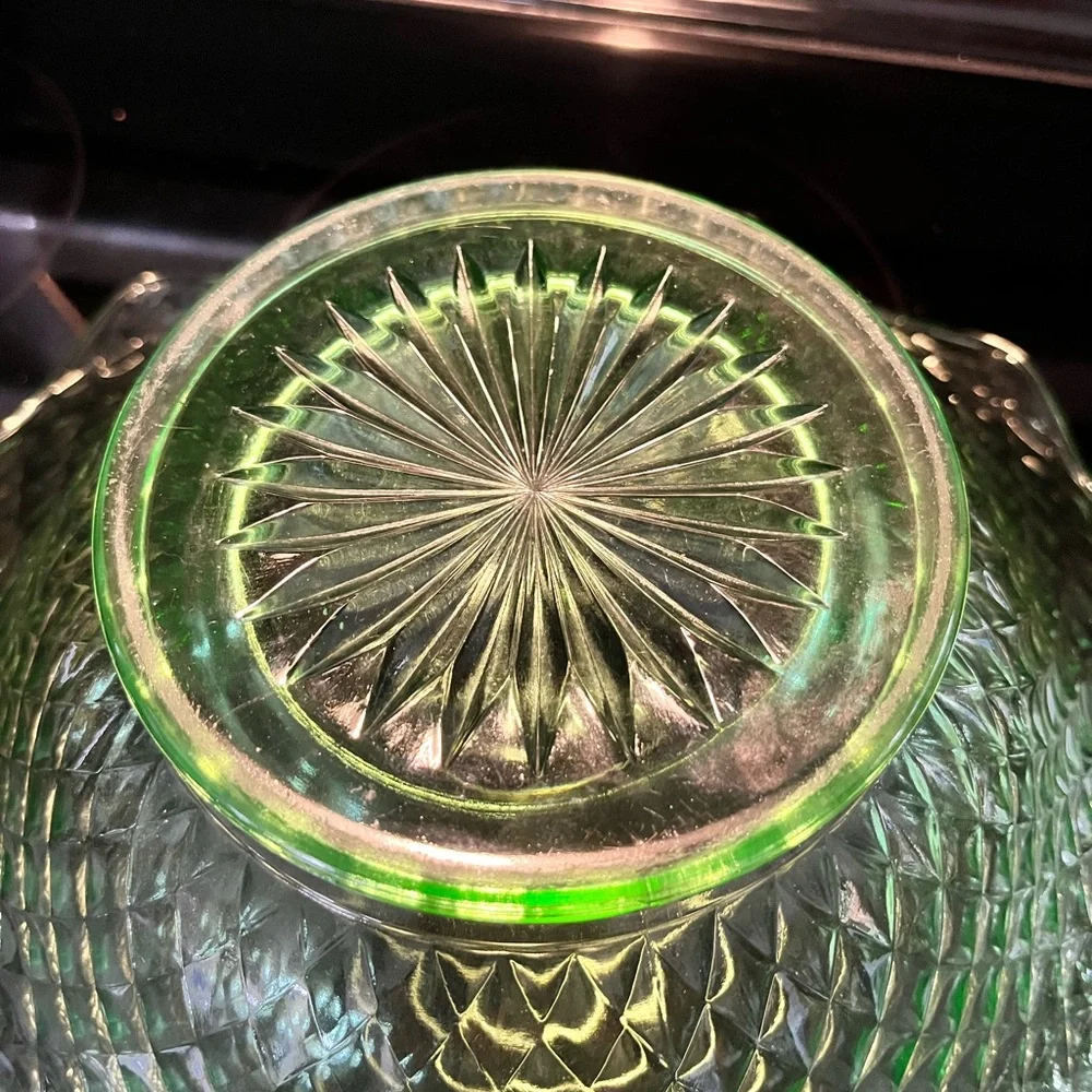 Vintage Emerald Green Diamond Point Art Glass Basket Bowl 12”